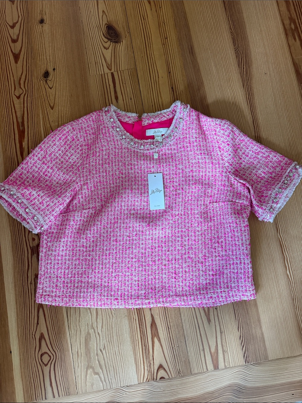 Lilly Pulitzer Folie Boucle Top in Pink Palms Fantasy Tweed with Jeweled Trim